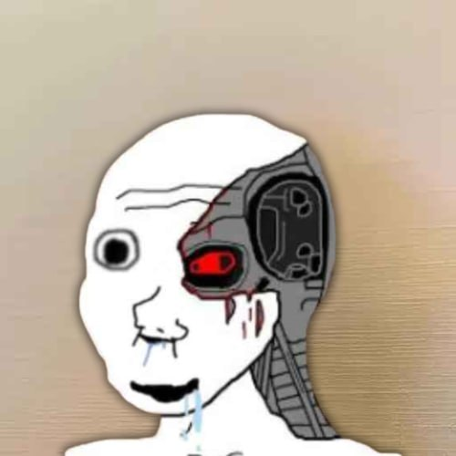 The Autism Species mascot — a bald cyborg wojak with a red glowing robot eye
